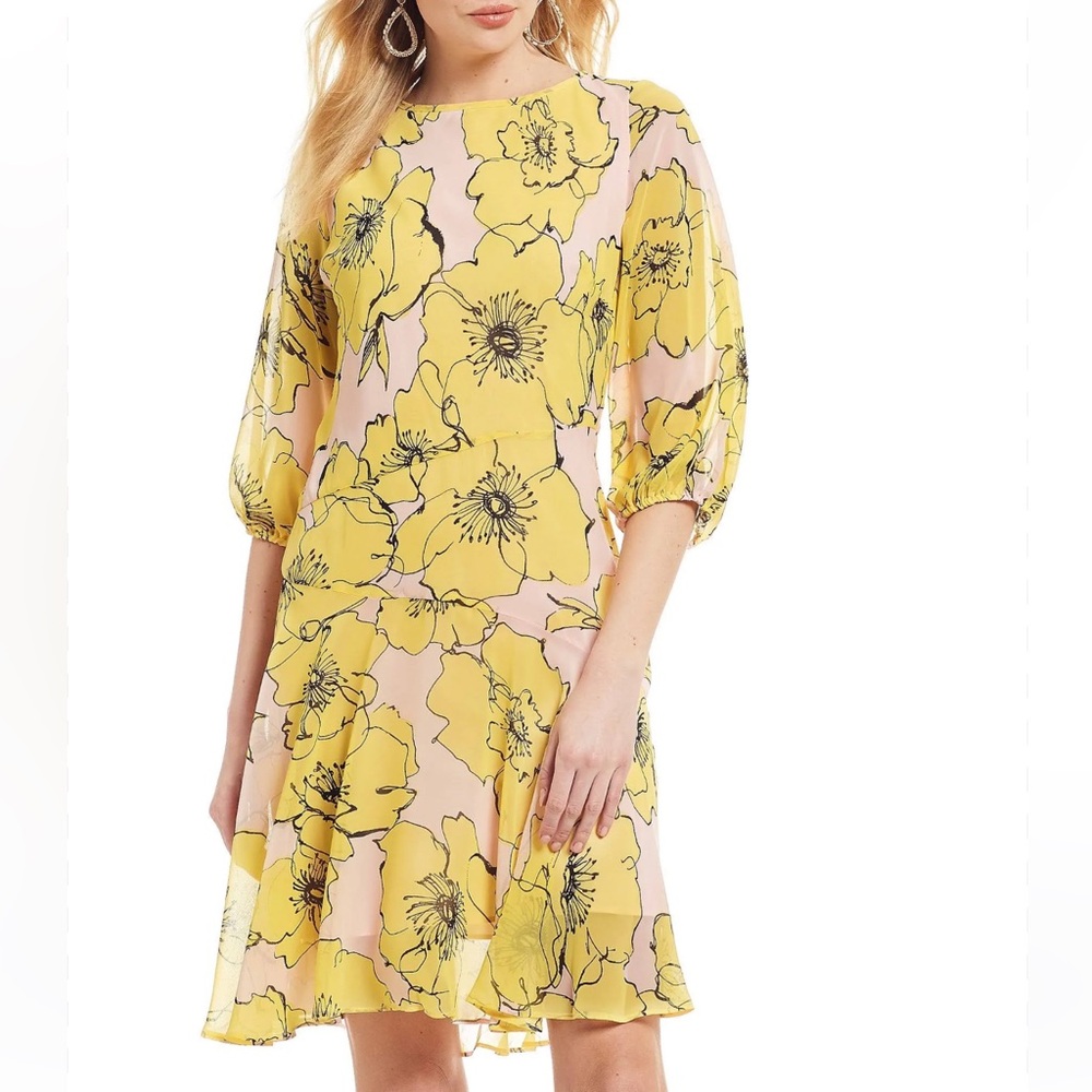 Taylor Balloon Sleeve Yellow & Pink Floral Chiffon Dress Size 6